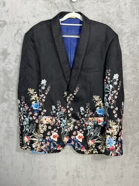 Lanzino Blazer 2XL Black Floral Jacquard Wedding Party Sport Coat Prom
